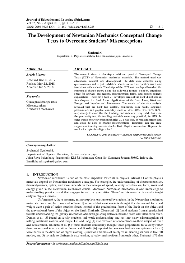 (PDF) The Development of Newtonian Mechanics Conceptual Change Texts to ...