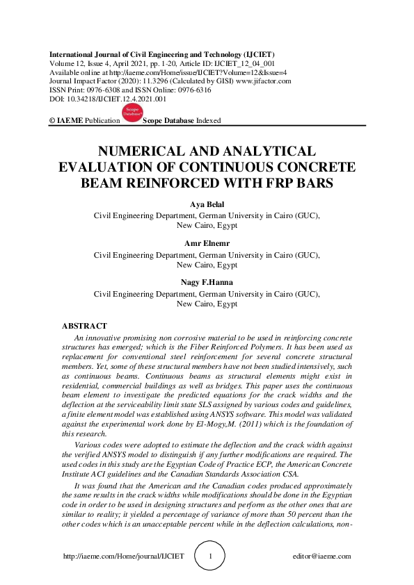 (PDF) NUMERICAL AND ANALYTICAL EVALUATION OF CONTINUOUS CONCRETE BEAM ...
