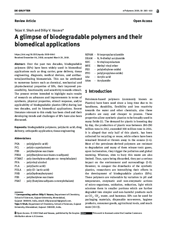 (PDF) A glimpse of biodegradable polymers and their biomedical applications