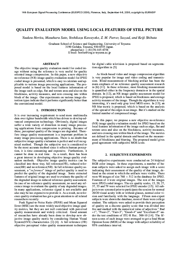 (PDF) Quality Evaluation Model Using Local Features of Still Picture