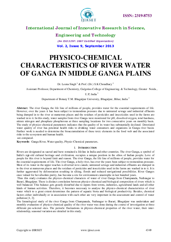 (PDF) PHYSICOCHEMICAL CHARACTERISTICS OF RIVER WATER OF GANGA IN