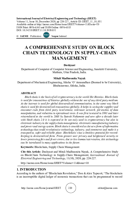 (PDF) A COMPREHENSIVE STUDY ON BLOCK CHAIN TECHNOLOGY IN SUPPLY-CHAIN ...