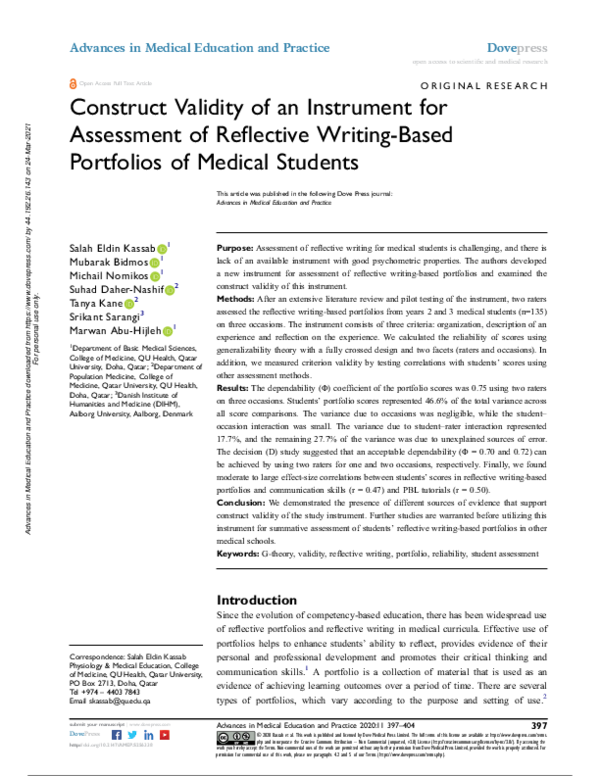 (PDF) Construct Validity of an Instrument for Assessment of Reflective ...
