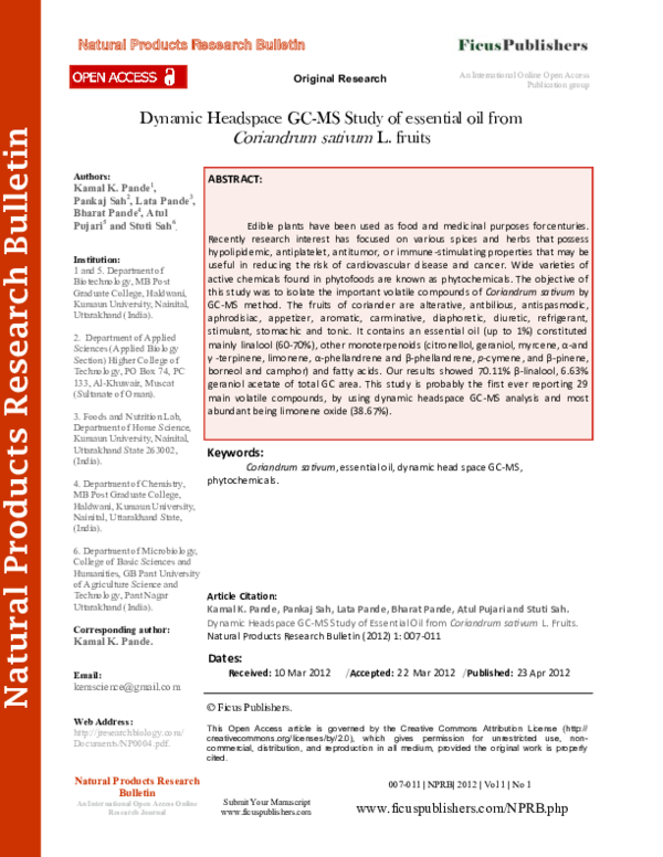 (PDF) Dynamic Headspace GC-MS Study of essential oil from Coriandrum ...