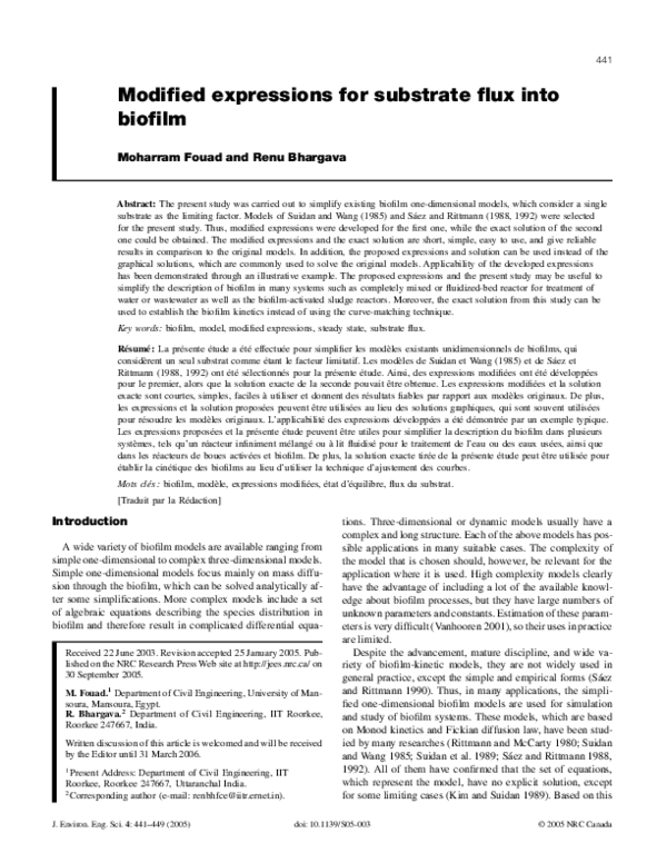 (PDF) Modified expressions for substrate flux into biofilm