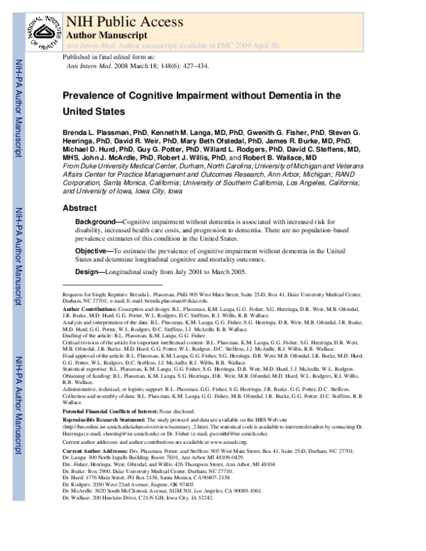 (PDF) Prevalence of cognitive impairment without dementia in the United ...