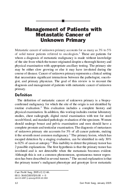 (PDF) Management of patients with metastatic cancer of unknown primary