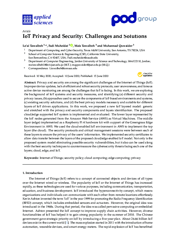 (PDF) IoT Privacy and Security: Challenges and Solutions