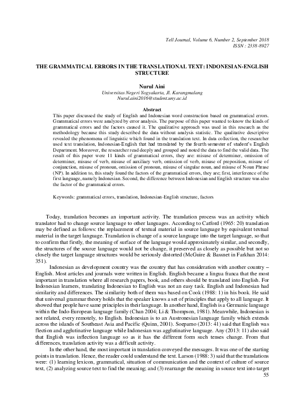 (PDF) The Grammatical Errors in the Translational Text: Indonesian ...