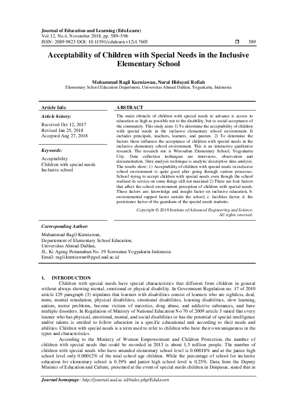 (PDF) Acceptability of Children with Special Needs in the Inclusive ...