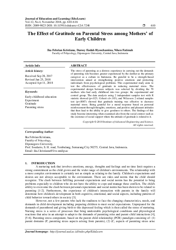 (PDF) The Effect of Gratitude on Parental Stress among Mothers' of ...