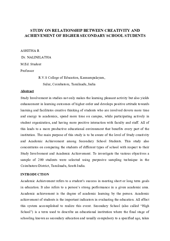 (DOC) STUDY ON RELATIONSHIP BETWEEN CREATIVITY AND ACHIEVEMENT OF ...