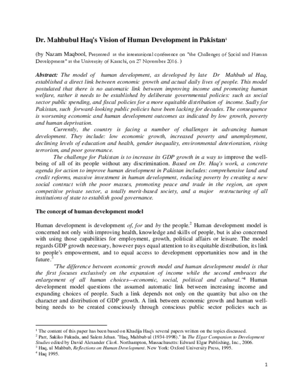 (PDF) Dr. Mahbubul Haq's Vision of Human Development in Pakistan