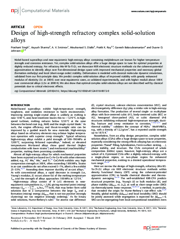 (PDF) Design of high-strength refractory complex solid-solution alloys