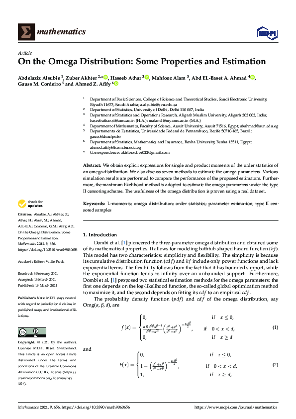(PDF) On the Omega Distribution: Some Properties and Estimation