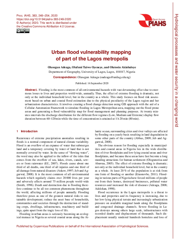 (PDF) Urban flood vulnerability mapping of part of the Lagos metropolis