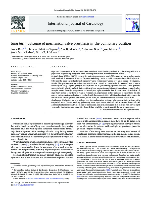 (PDF) Long Term Outcome of Mechanical Valve Prosthesis In the Pulmonary ...