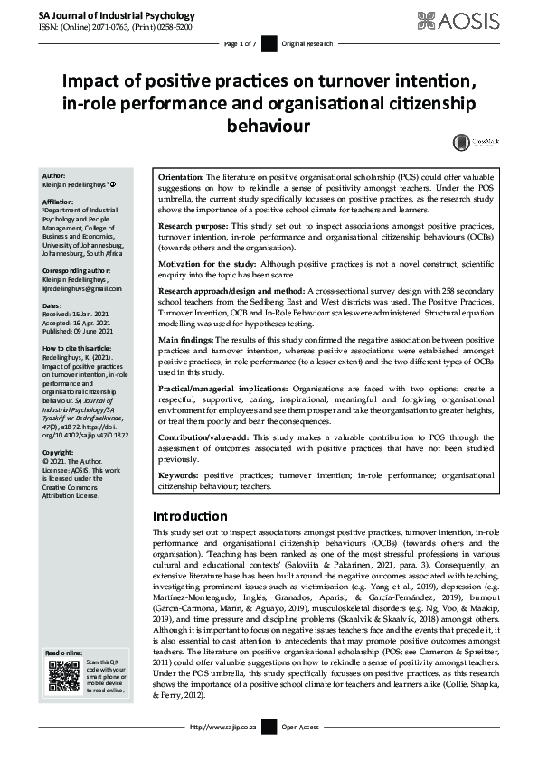 (PDF) Impact of positive practices on turnover intention, in-role ...