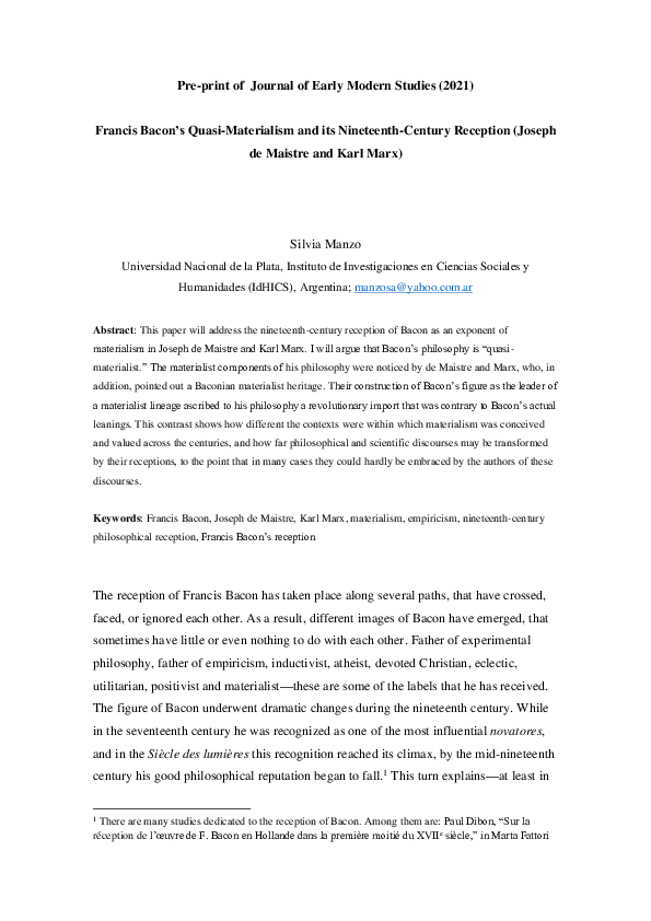 Pdf Francis Bacon S Quasi Materialism And Its Nineteenth Century Reception Joseph De Maistre And Karl Marx Pre Print Silvia Manzo Academia Edu
