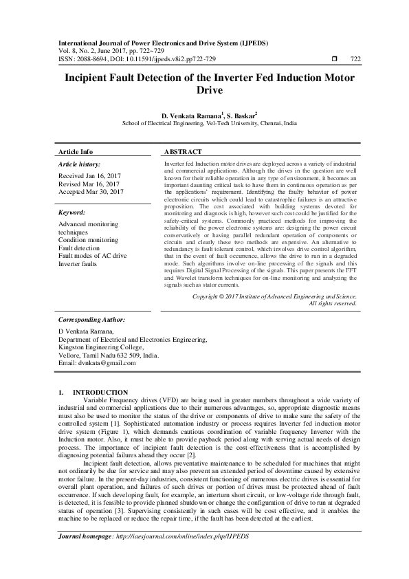 (PDF) Incipient Fault Detection of the Inverter Fed Induction Motor Drive