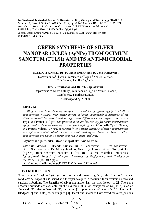 (PDF) GREEN SYNTHESIS OF SILVER NANOPARTICLES (AgNPs) FROM OCIMUM ...
