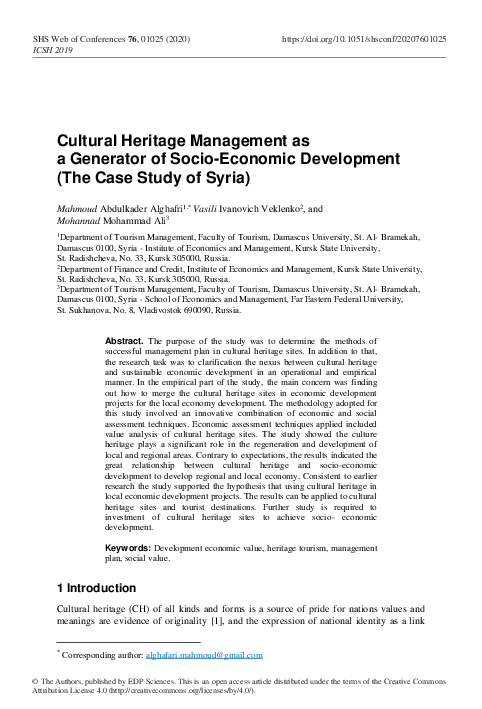 (PDF) Cultural Heritage Management as a Generator of Socio-Economic ...
