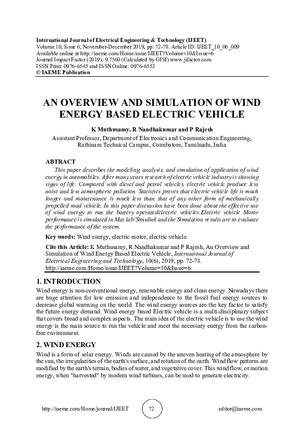 (PDF) AN OVERVIEW AND SIMULATION OF WIND ENERGY BASED ELECTRIC VEHICLE