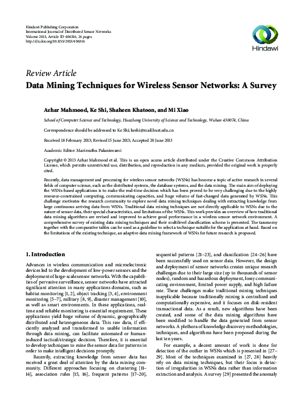 (PDF) Data Mining Techniques for Wireless Sensor Networks: A