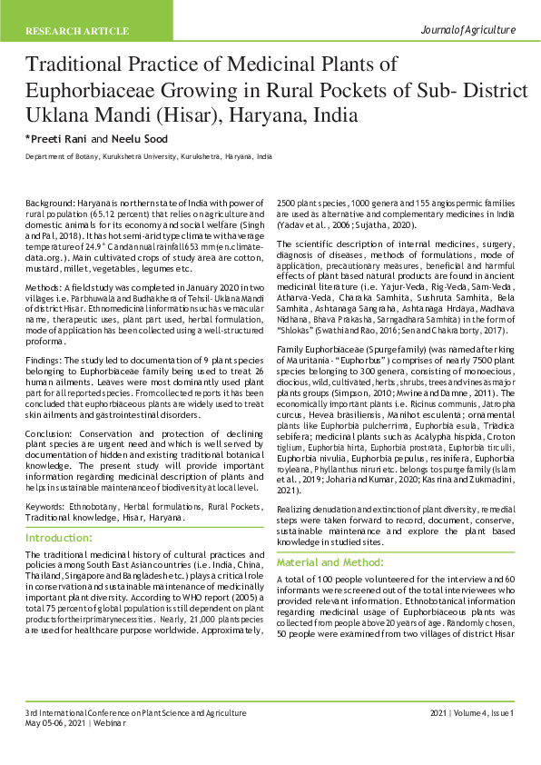 (PDF) Traditional Practice of Medicinal Plants of Uklana Mandi (Hisar), Haryana, India Preeti