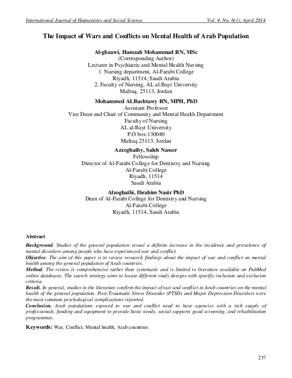 (PDF) The Impact of Wars and Conflicts on Mental Health of Arab Population