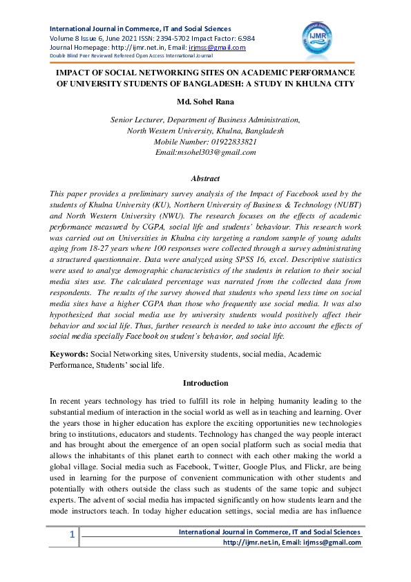 (PDF) IMPACT OF SOCIAL NETWORKING SITES ON ACADEMIC PERFORMANCE OF ...