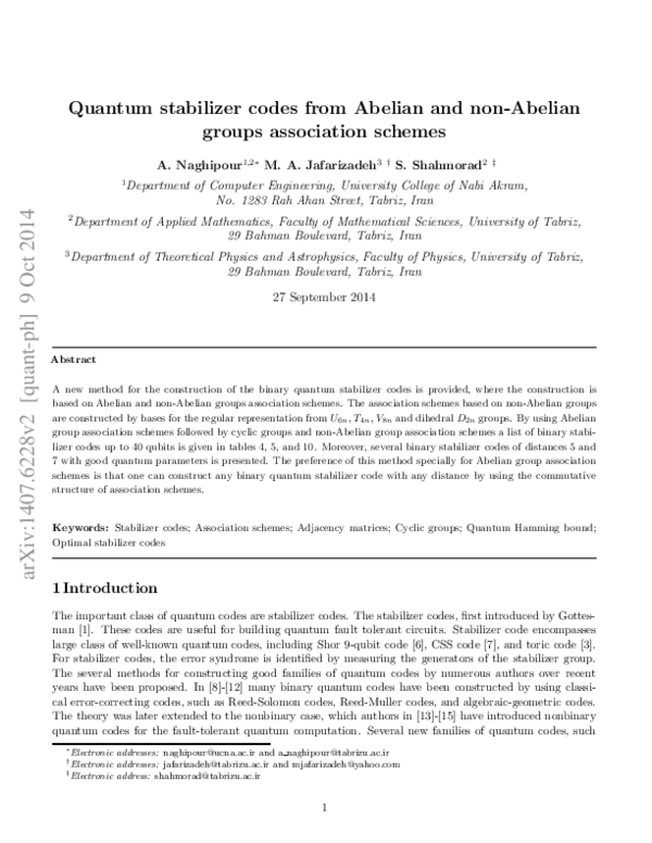 (PDF) Quantum stabilizer codes from Abelian and non-Abelian groups ...