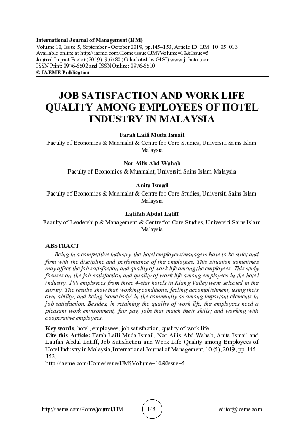 (PDF) JOB SATISFACTION AND WORK LIFE QUALITY AMONG EMPLOYEES OF HOTEL ...