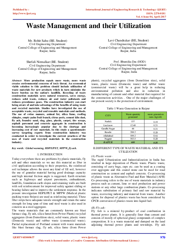 (PDF) Waste Management and their Utilization