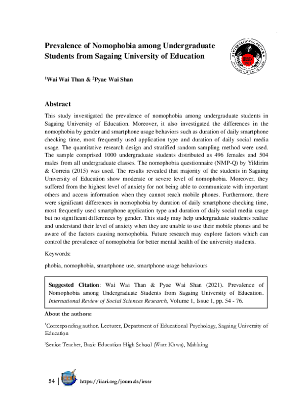 (PDF) Prevalence of Nomophobia among Undergraduate Students from ... - College Students Nomophobia Diagnosis