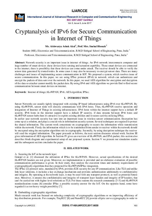(PDF) Cryptanalysis of IPv6 for Secure Communication in Internet of Things