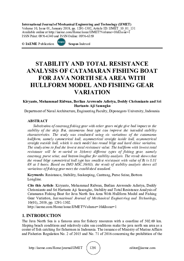 (PDF) STABILITY AND TOTAL RESISTANCE ANALYSIS OF CATAMARAN FISHING BOAT ...