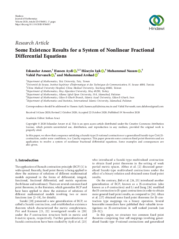 (PDF) Some Existence Results for a System of Nonlinear Fractional ...