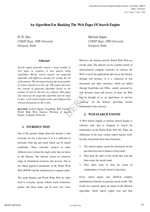 (PDF) An Algorithm For Ranking The Web Pages Of Search Engine