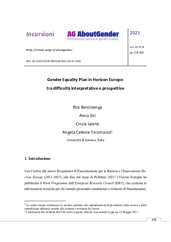 (PDF) Gender Equality Plan in Horizon Europe: tra difficoltà ...