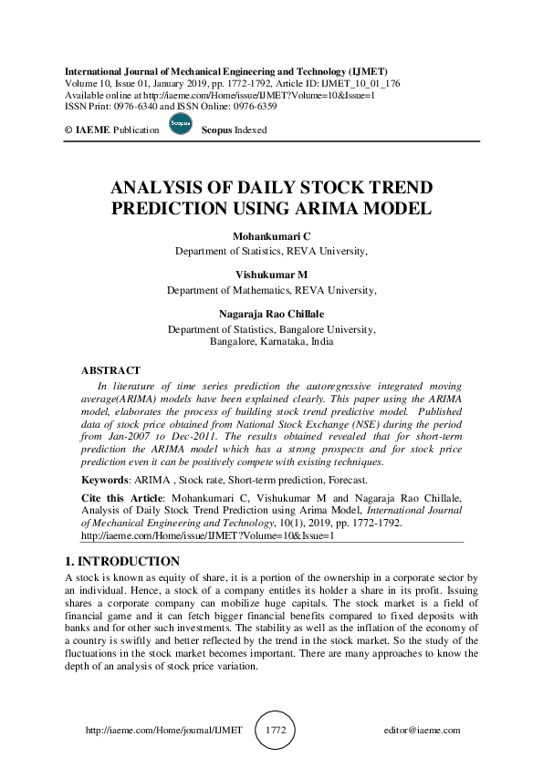 (PDF) ANALYSIS OF DAILY STOCK TREND PREDICTION USING ARIMA MODEL