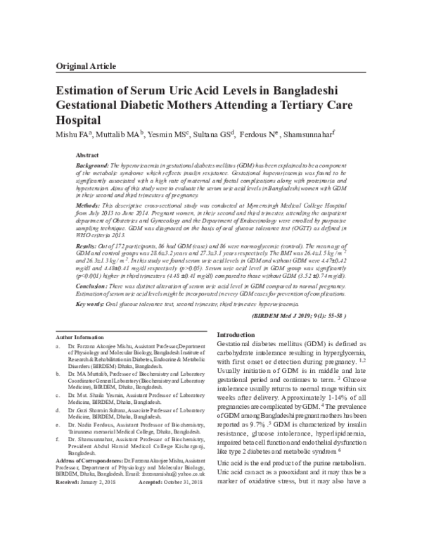 (PDF) Estimation of Serum Uric Acid Levels in Bangladeshi Gestational ...