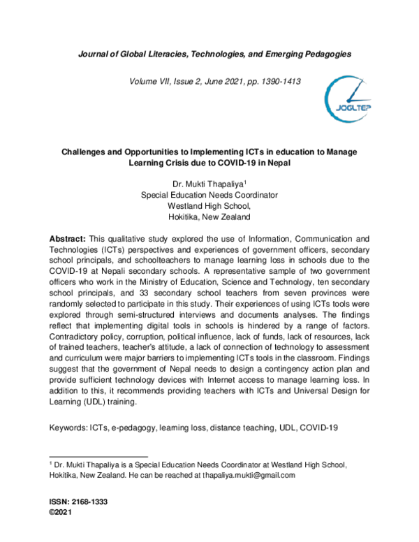 (PDF) Challenges and Opportunities to Implementing ICTs in education to ...
