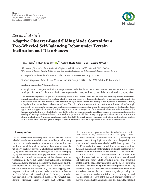 (PDF) Adaptive Observer-Based Sliding Mode Control for a Two-Wheeled ...