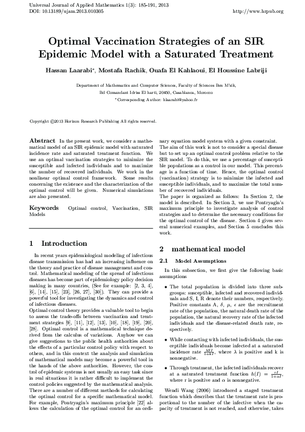 (PDF) Optimal Vaccination Strategies of an SIR Epidemic Model with a ...