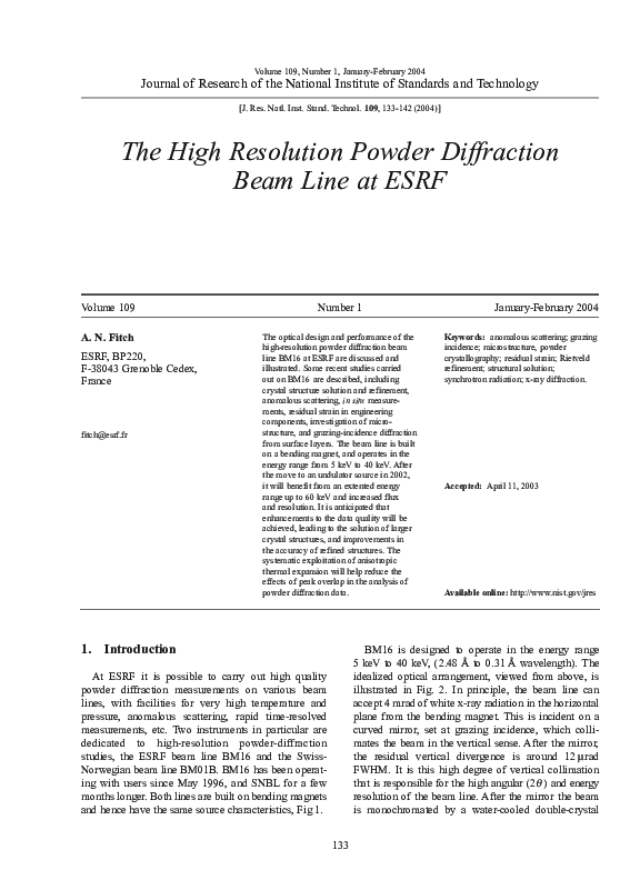 (PDF) The High Resolution Powder Diffraction Beam Line at ESRF