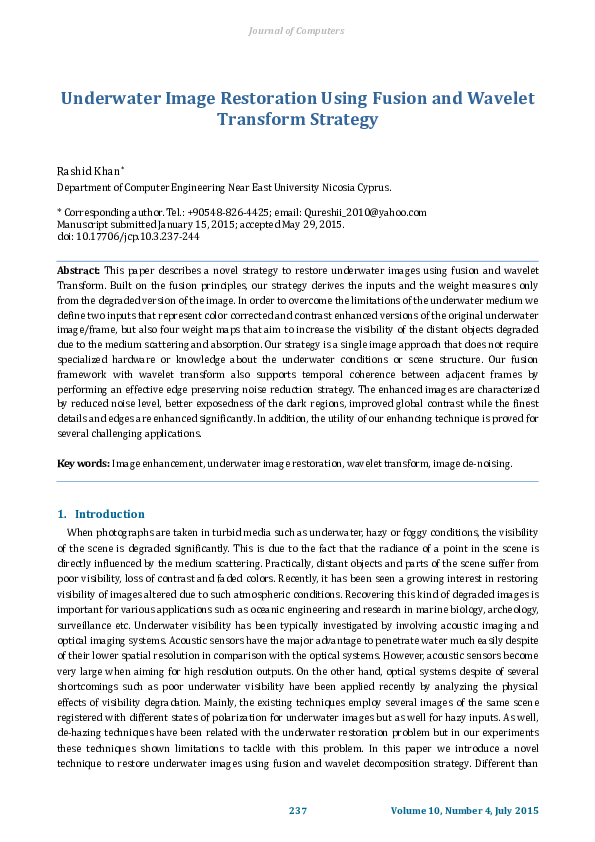 (PDF) Underwater Image Restoration Using Fusion and Wavelet Transform ...