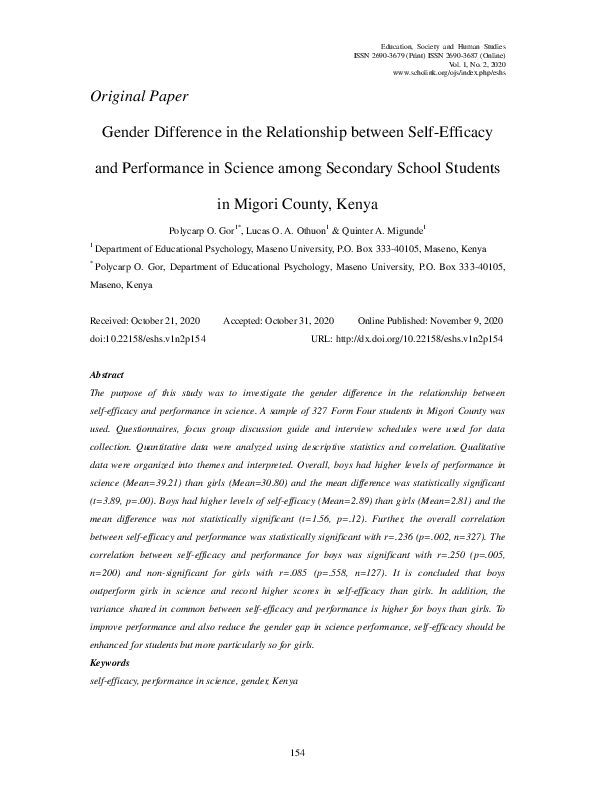 (PDF) Gender Difference in the Relationship between Self-Efficacy and ...