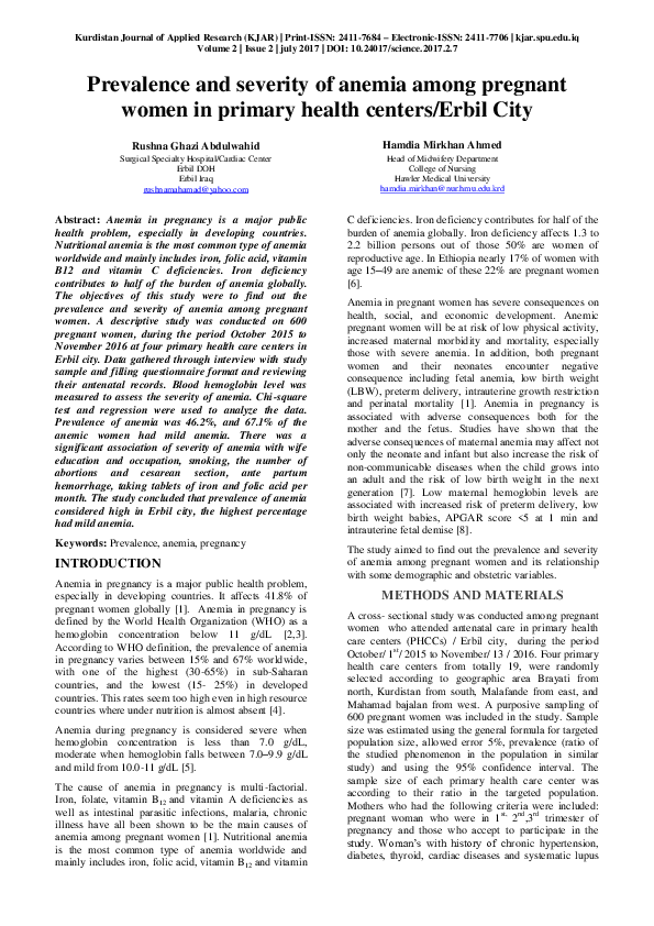 (PDF) Prevalence and severity of anemia among pregnant women in primary ...