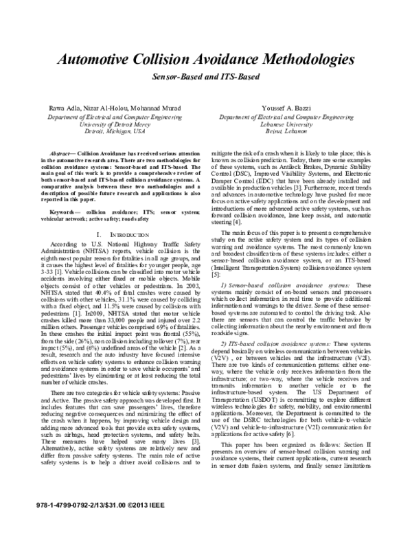 (PDF) Automotive collision avoidance methodologies Sensor-based and ITS ...